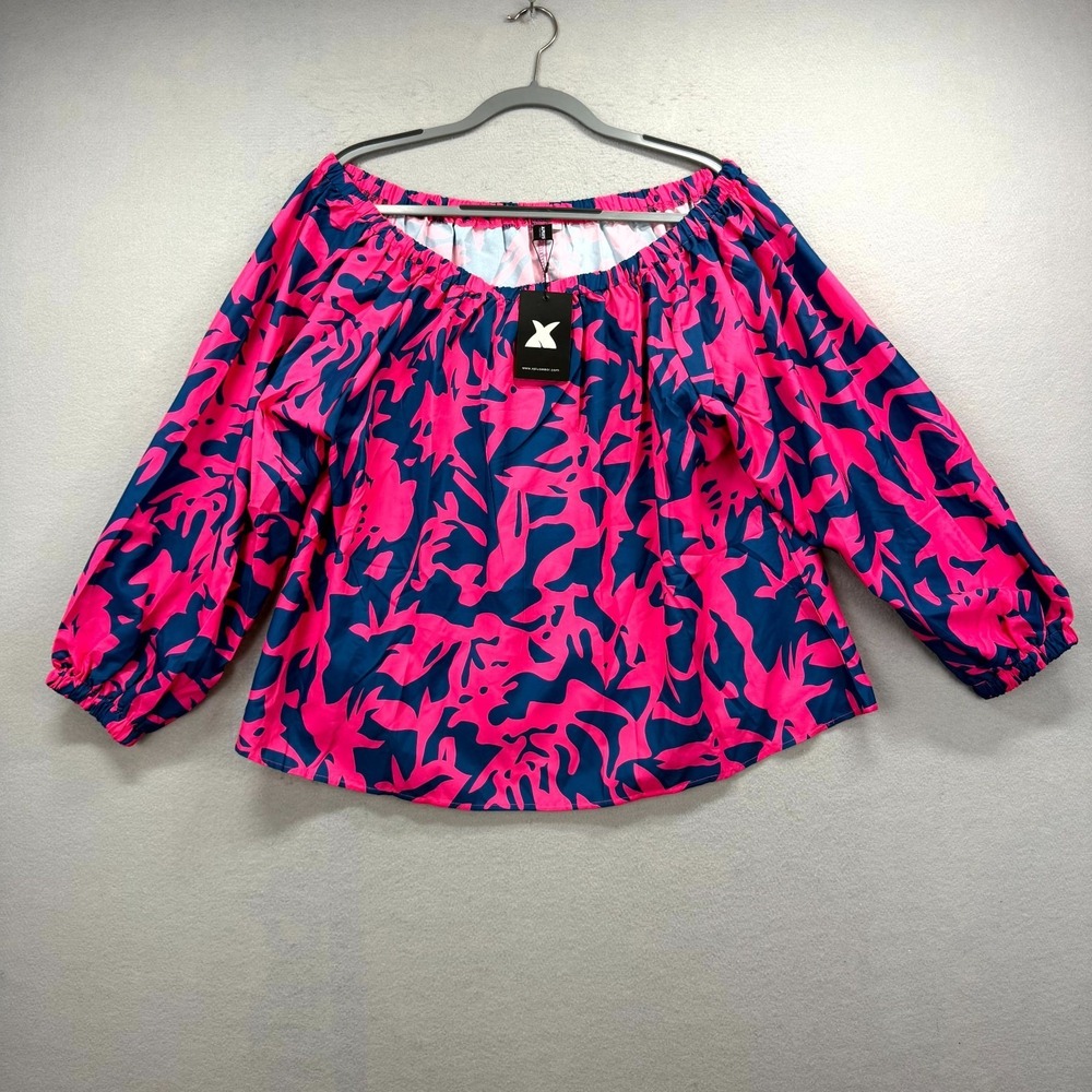 Xpluswear Blouse Top Womens XL Pink Blue Tropical Puff Sleeve Off Shoulder Neck